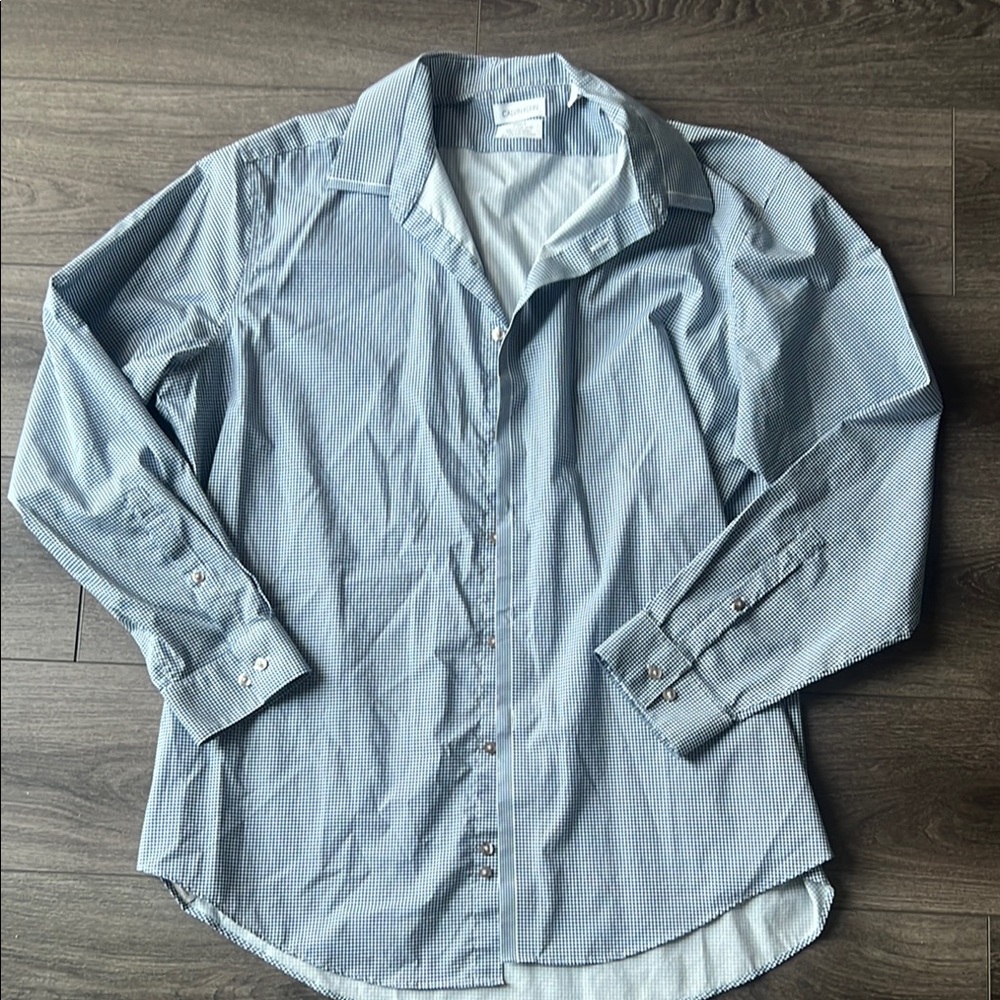 NWOT Men's Blue Checkered Calvin Klein button down Shirt xxl 18 34/35 slim fit